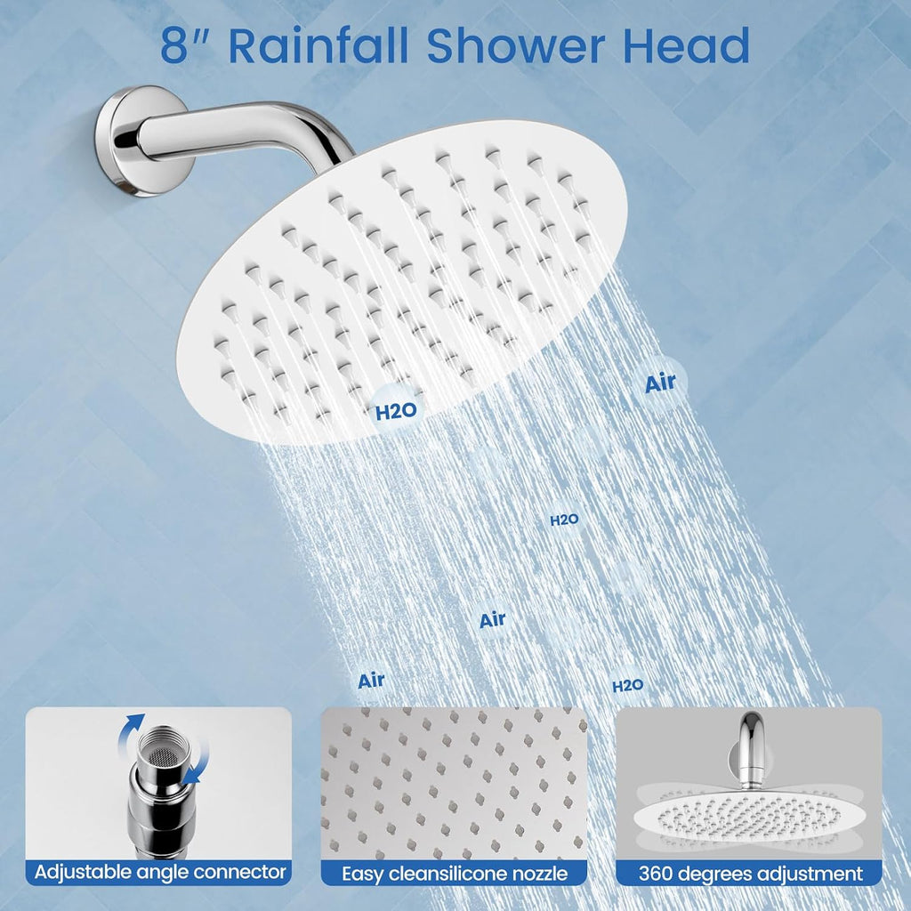 Airuida 3-Function Rain Shower System Set – Wall Mount Tub Shower Combo with Handheld Shower and Tub Spout,8 Inch Shower Head,Polished Chrome