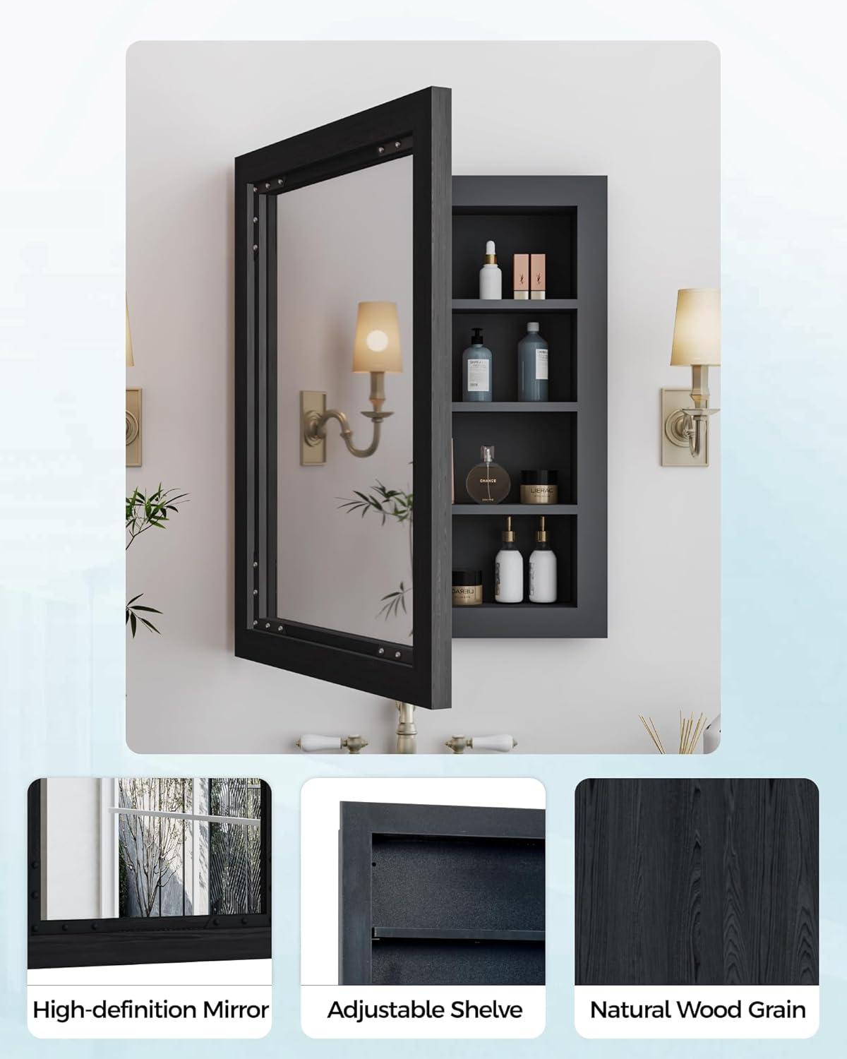 FLYJOE 20x26 Medicine Cabinet with Mirror, Farmhouse Bathroom Vanity Mirror Solid Wood Framed Door Storage Cabinet with Adjustable Shelves, Wall Mounted for Bathroom Living Room, Black