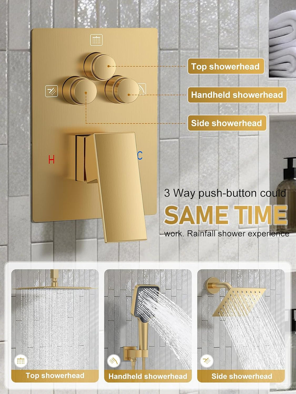 Woindo Shower Faucet Set, 10' Ceiling Mount Rainfall Shower System with 2 Rain Shower Head and Multi-function Handheld Head Push Button Diverter Shower Faucet Trim Kit