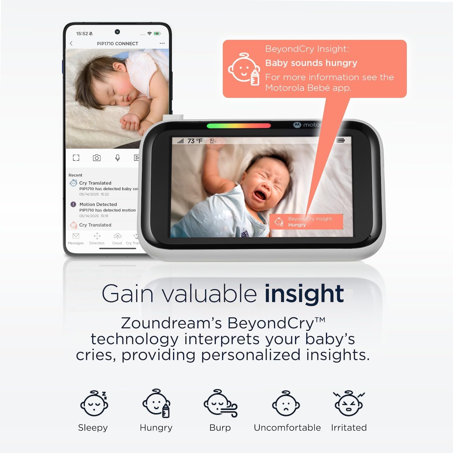 Motorola Nursery PIP1710 Connect Baby Monitor with AI Cry Detection & Translation | Wi-Fi HD Camera, 5' Touch Screen Parent Unit, App Monitoring, Night Vision