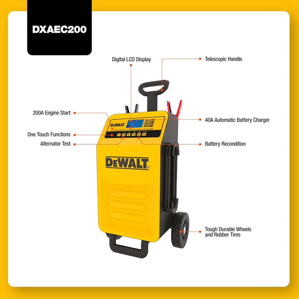 DeWalt DXAEC200 Professional Rolling 40 Amp Battery Charger, 3 Amp Maintainer with 200 Amp Engine Start