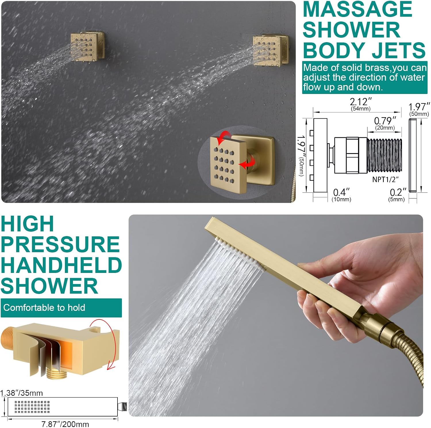 HOMEDEC 15.7x31.5' Rainfall and 6' Dual Shower Heads with Handheld Spray Combo, Full Body Shower System with 6pcs Body Jets, Brushed Gold