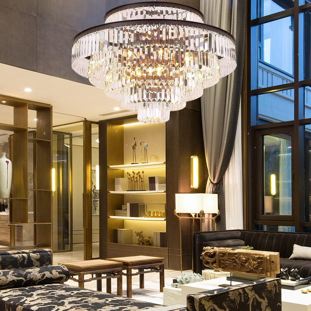 31' Black Crystal Chandelier, Modern 6-Tier Ceiling Light with Clear Crystal Prisms, Luxury Pendant Lighting for Dining Room Entryway