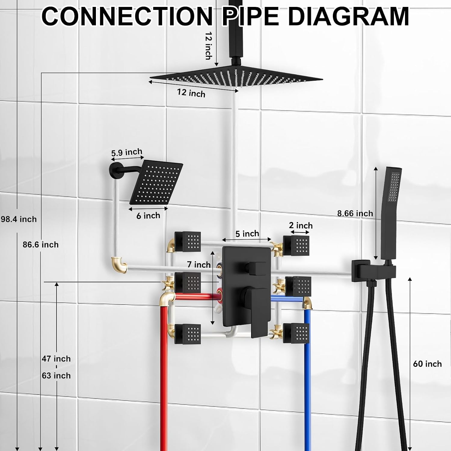 Shower System Matte Black Dual Shower Head with Body Jets, Oupukle Four Modes Shower Faucet Set Ceiling Mount 12' Rain Shower Head & 6' Wall Mounted Head with 6PCS Body Jets