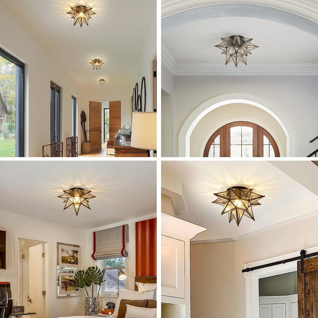Moravian Brass Star Ceiling Light - 12.7 Inch Oil Rubbed Bronze Black Vintage Flush Mount Lighting Fixtures - Art Deco Moroccan Glass Fixture Lights for Hallway Kitchen Farmhouse Bedroom Entryway