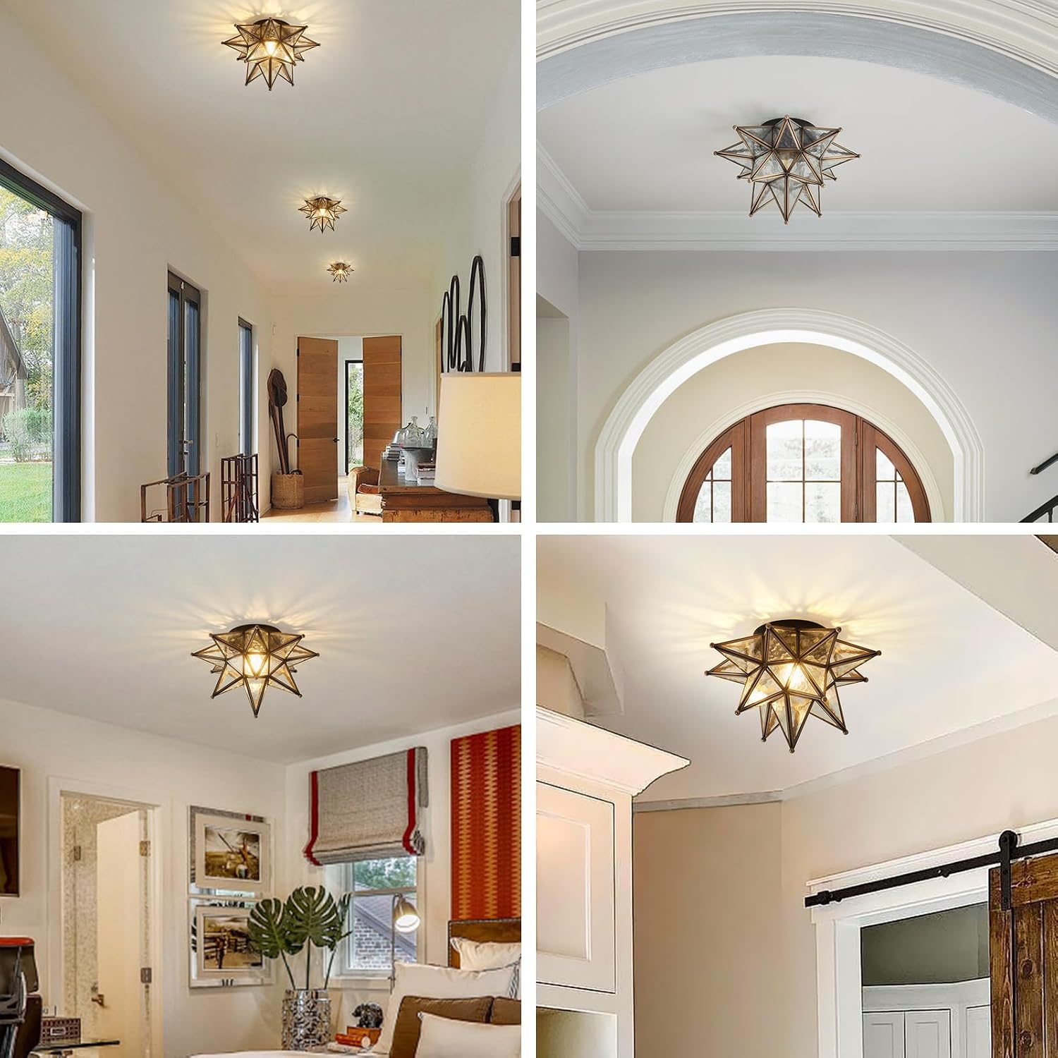 Moravian Brass Star Ceiling Light - 12.7 Inch Oil Rubbed Bronze Black Vintage Flush Mount Lighting Fixtures - Art Deco Moroccan Glass Fixture Lights for Hallway Kitchen Farmhouse Bedroom Entryway