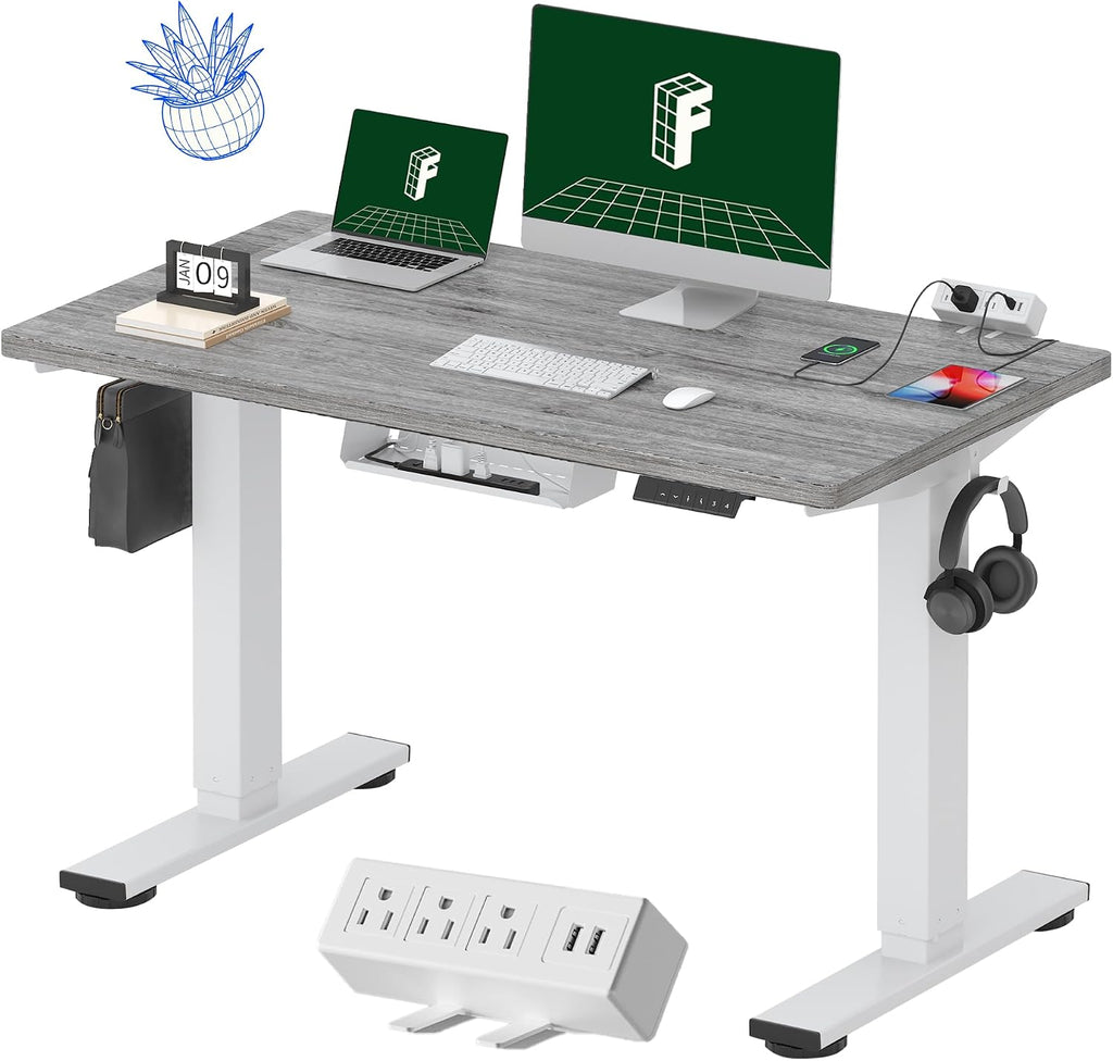 FLEXISPOT EN2 Whole-Piece Standing Desk with Clamp Power Strip, 48 x 24 Electric Stand Up Height Adjustable Desk with Cable Management (White Frame + 48' Gray Wood Grain Desktop, 2 Packages)