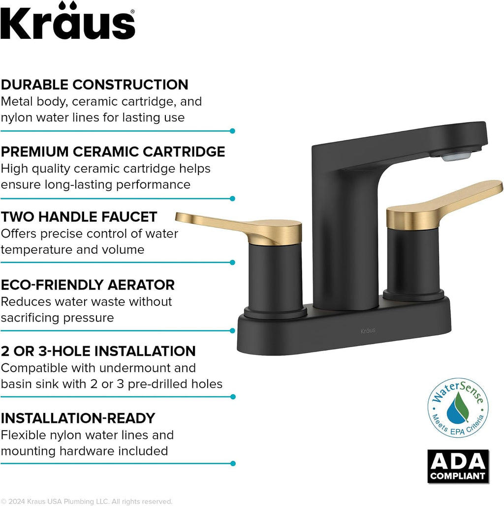 KRAUS Indy Centerset Bathroom Faucet in Spot-Free Brushed Brass/Matte Black with 2 Handles, Pop Up Drain and Supply Lines, FUS-14102SFBBMB