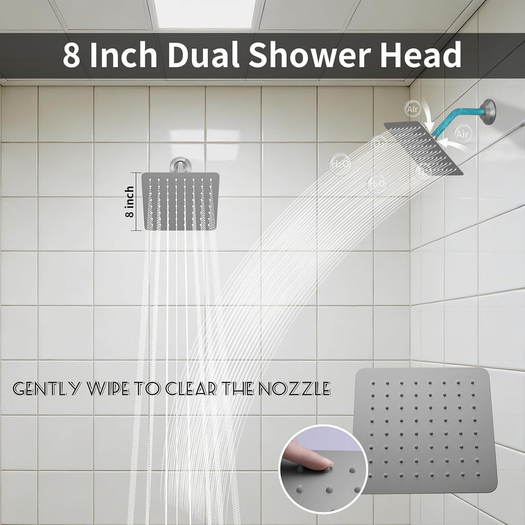 Brushed Nickel Shower System with 3 Rain Shower Head(12+8+8 inch), Handheld Spray, 4 Way Smart Temperature Display Shower Faucet set