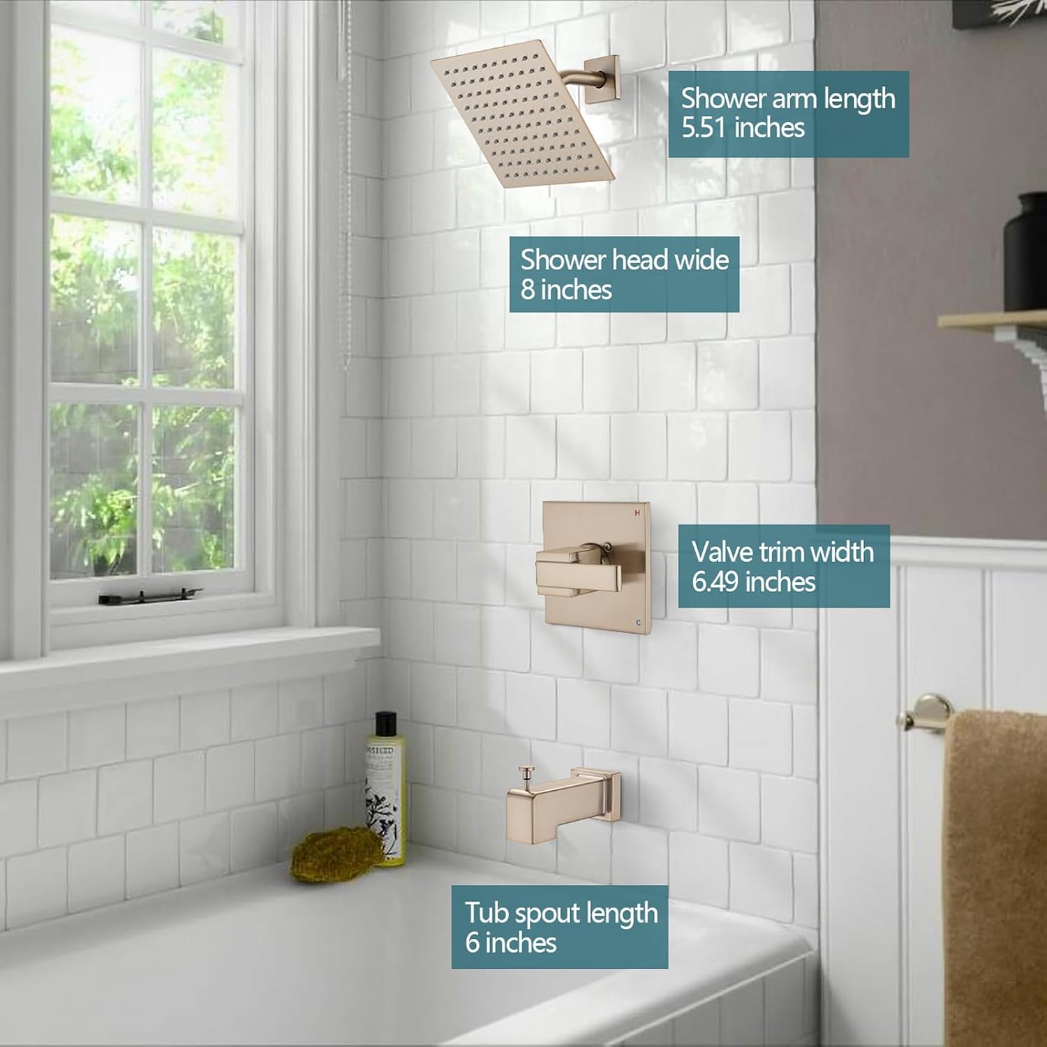 8' Rain Shower Faucet Compatible with Delta 13/14 Series Tub Trim Kit, High Pressure Square Rain Shower Head& Handle Set (Valve& Catridge Not Inclued) (With Tub Spout, Champagne Gold)