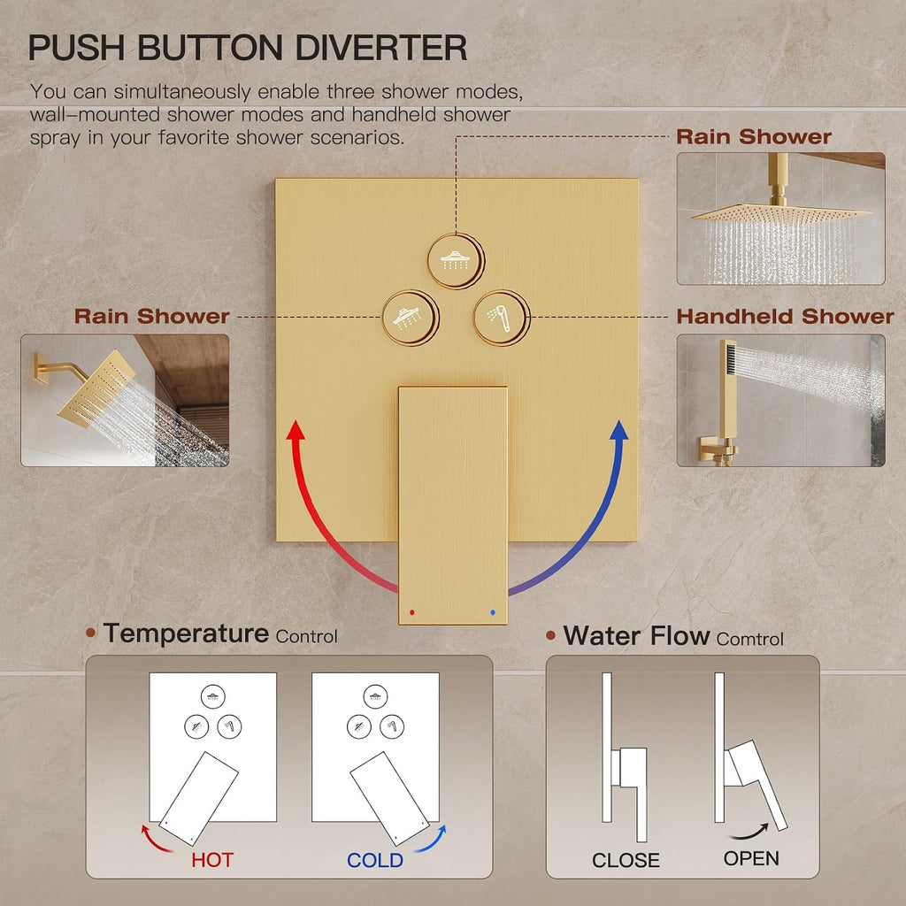 Gold Shower System, Shower Faucet Set with 3 In 1 Push Button Valve, Shower Faucet included 10' Ceiling Shower Head and 8' Wall-Mount Shower Head with Handheld Spray, Brushed Gold
