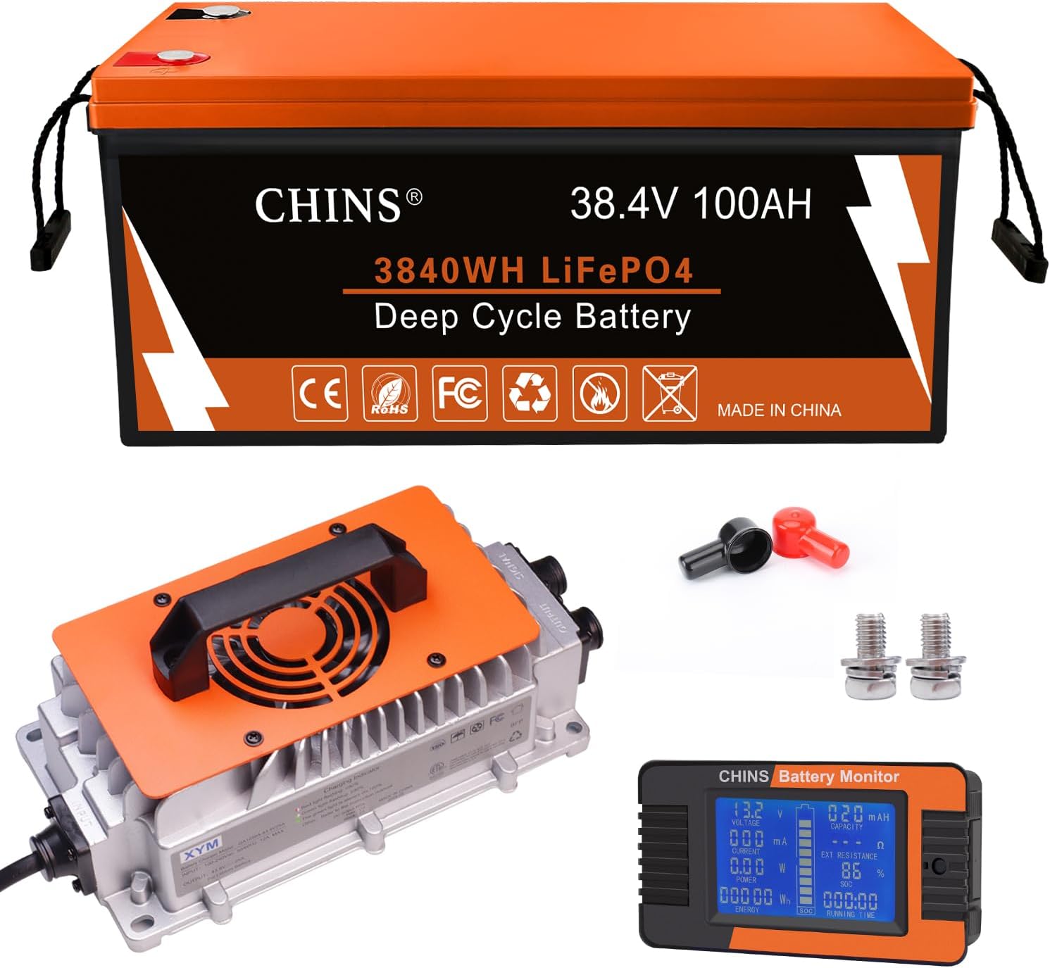 CHINS 36V 100Ah Lithium Golf Cart Battery, Includes 36V 25A Charger, Monitor, Built-in Smart 200A BMS, 36V Lithium Battery Perfect for Golf Cart