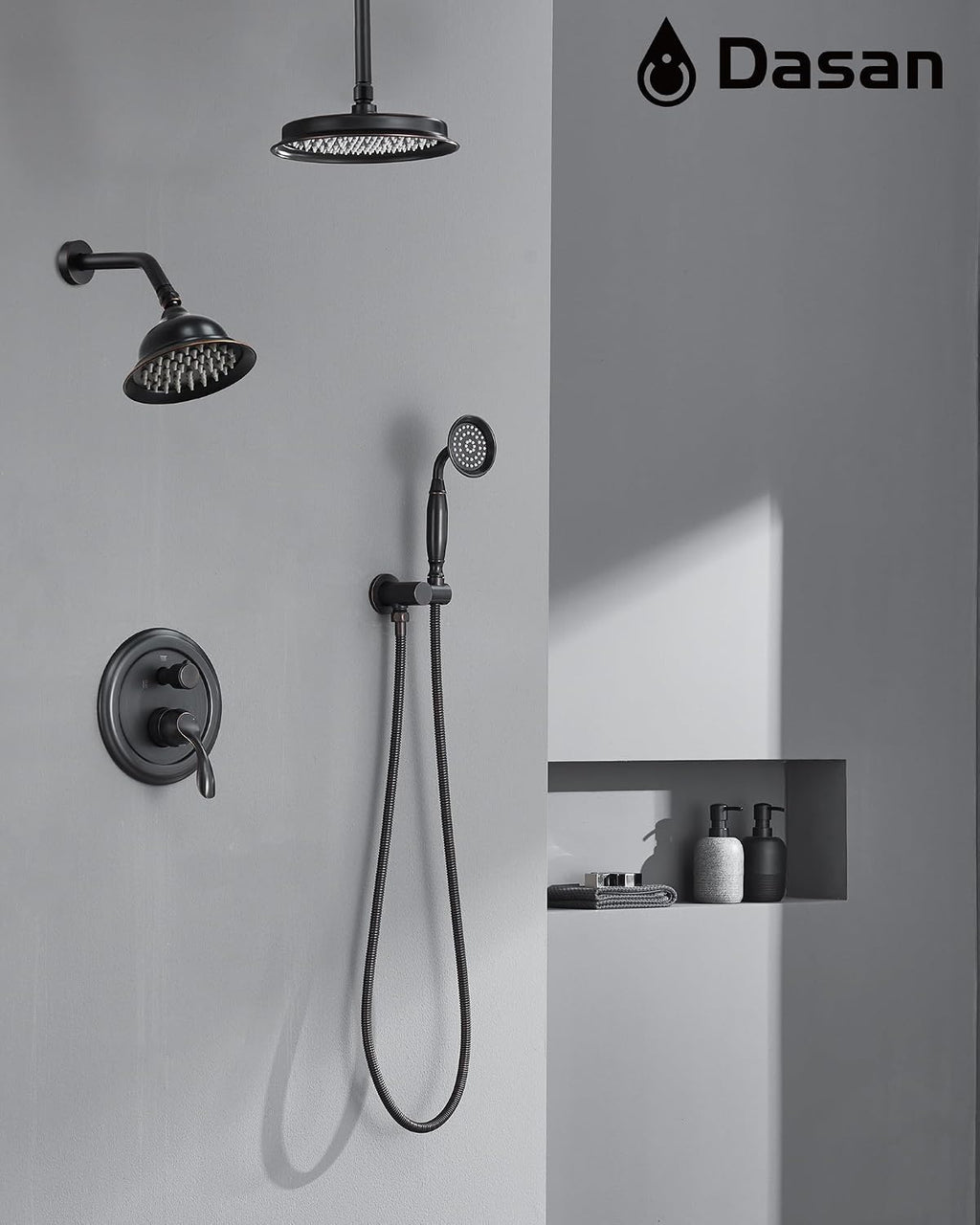 DASAN Antique Dual Shower Head Faucet Set, Oil Rubbed Bronze Dual Rain Shower Head System Complete Double Head Shower Fixture Combo, 9'' & 6'' Dual Rainfall Overhead Shower with Handheld, Valve & Trim