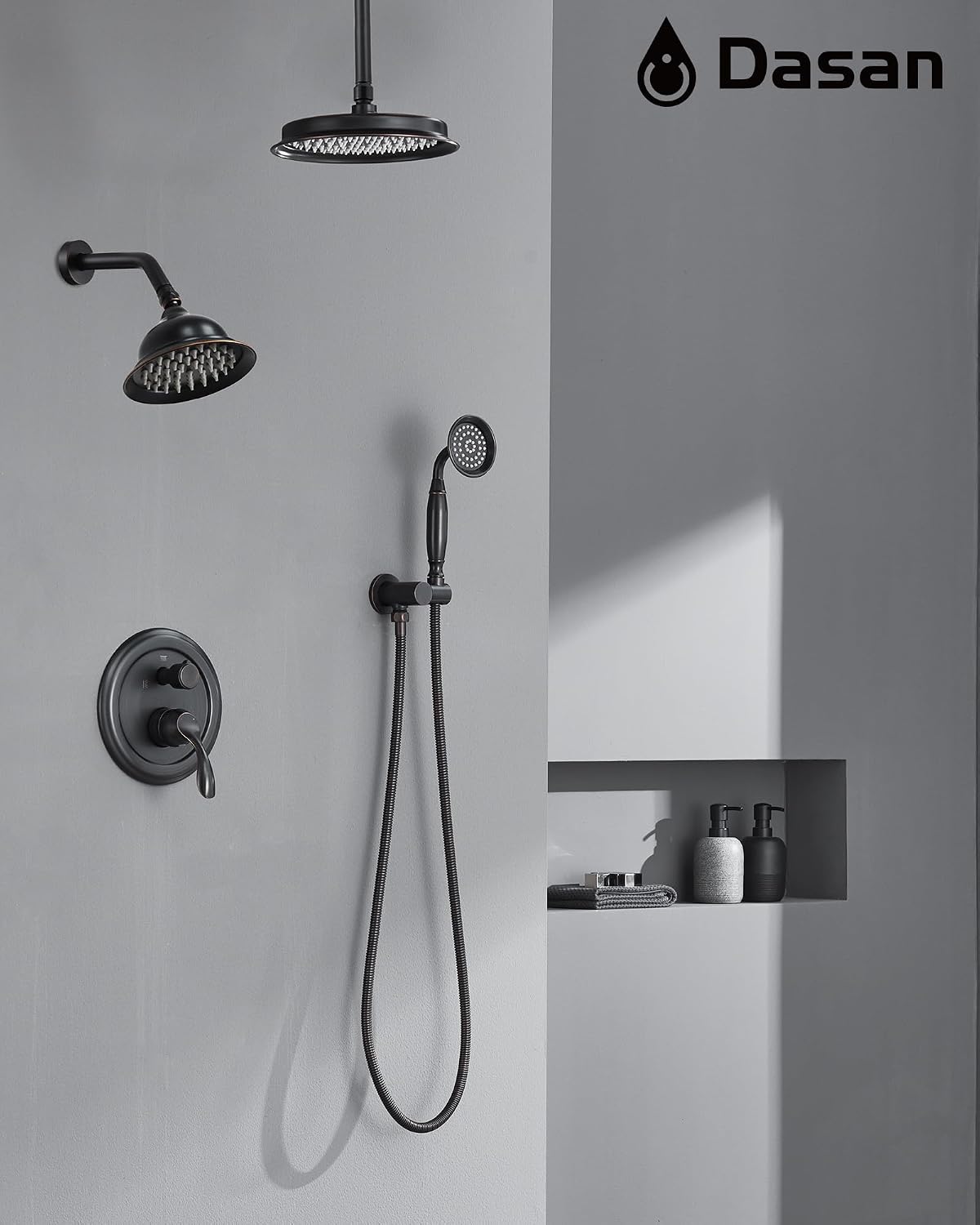 DASAN Antique Dual Shower Head Faucet Set, Oil Rubbed Bronze Dual Rain Shower Head System Complete Double Head Shower Fixture Combo, 9'' & 6'' Dual Rainfall Overhead Shower with Handheld, Valve & Trim