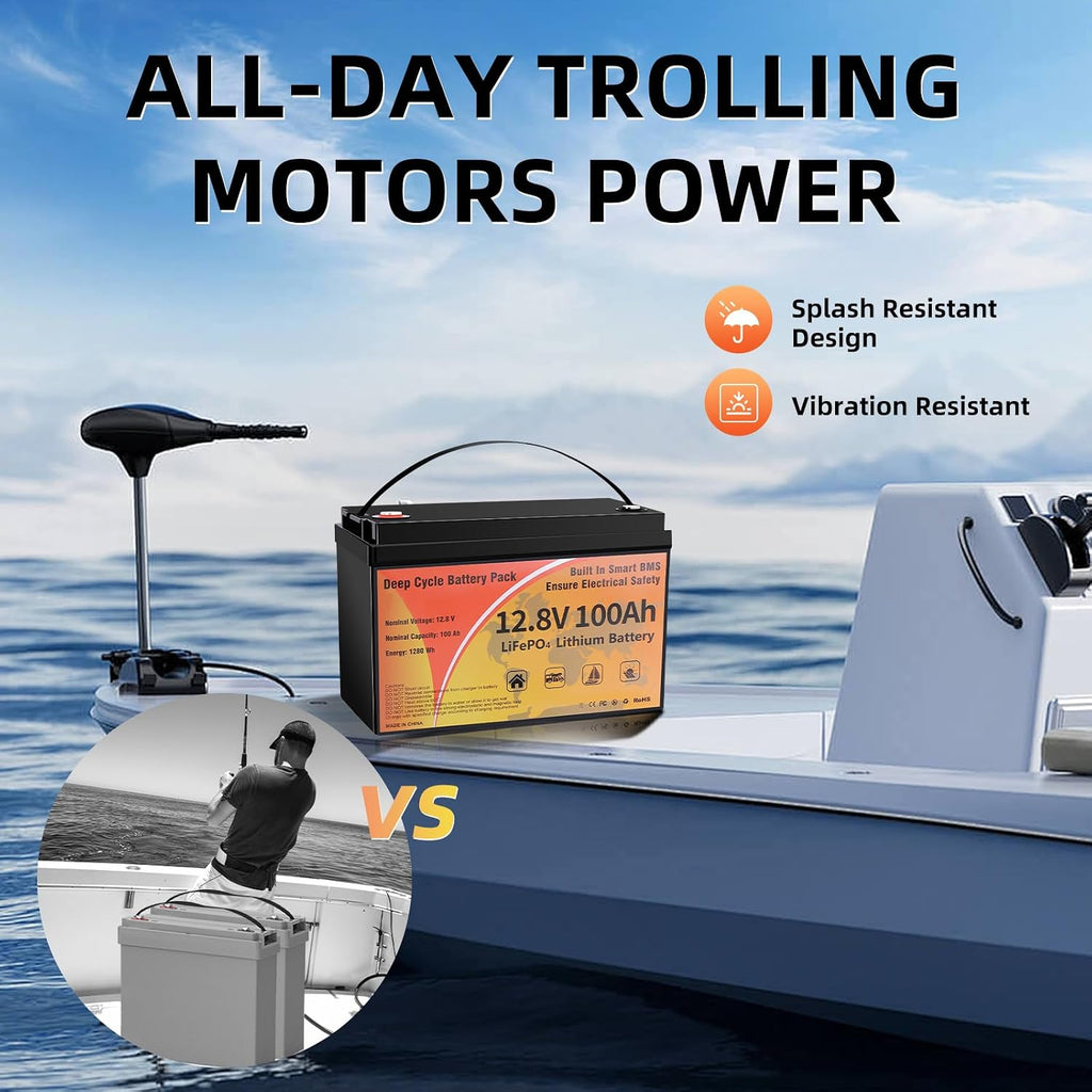 12V 100Ah LiFePO4 Battery, Lithium Battery Group 31 Smart 100A BMS, 15000+ Deep Cycles 10-Year Lifespan Low Temp Protection Lightweight Batteries for Trolling Motor, RVs, Boat, Marine, Yacht, Off-Grid