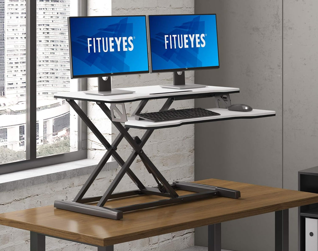 FITUEYES Height Adjustable Standing Desk 32' Wide Sit to Stand Converter Stand Up Desk Tabletop Workstation for Laptops Dual Monitor Riser White SD308003WW