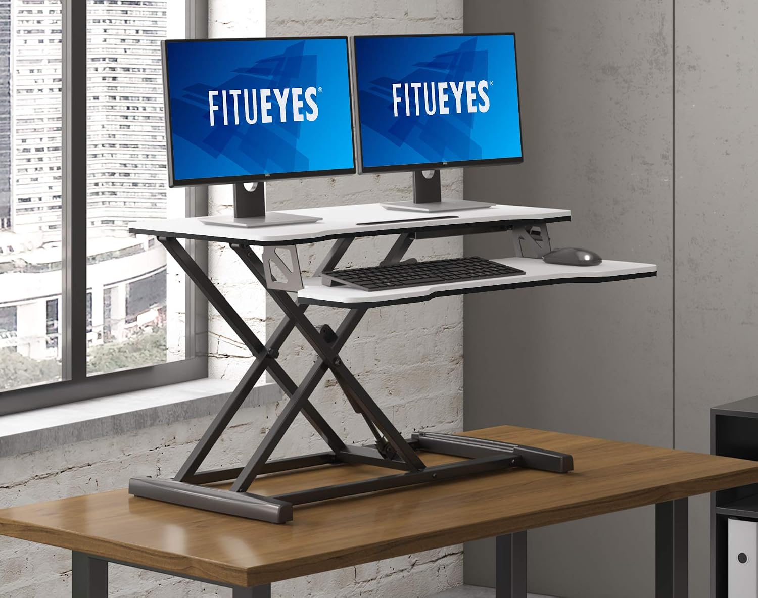 FITUEYES Height Adjustable Standing Desk 32' Wide Sit to Stand Converter Stand Up Desk Tabletop Workstation for Laptops Dual Monitor Riser White SD308003WW