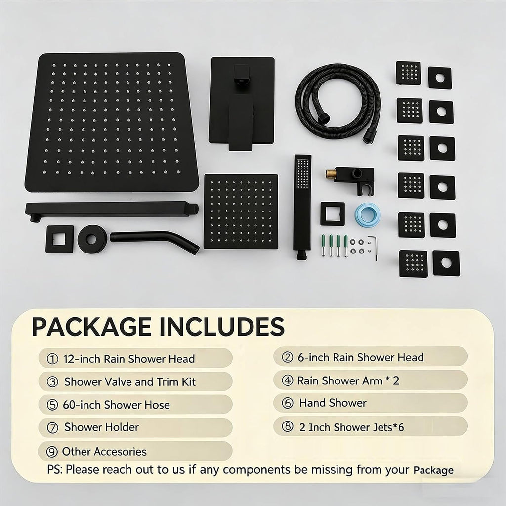 Shower System Matte Black Dual Shower Head with Body Jets, Oupukle Four Modes Shower Faucet Set Wall Mounted 12' & 6' Rain Shower Head with 6PCS Body Jets