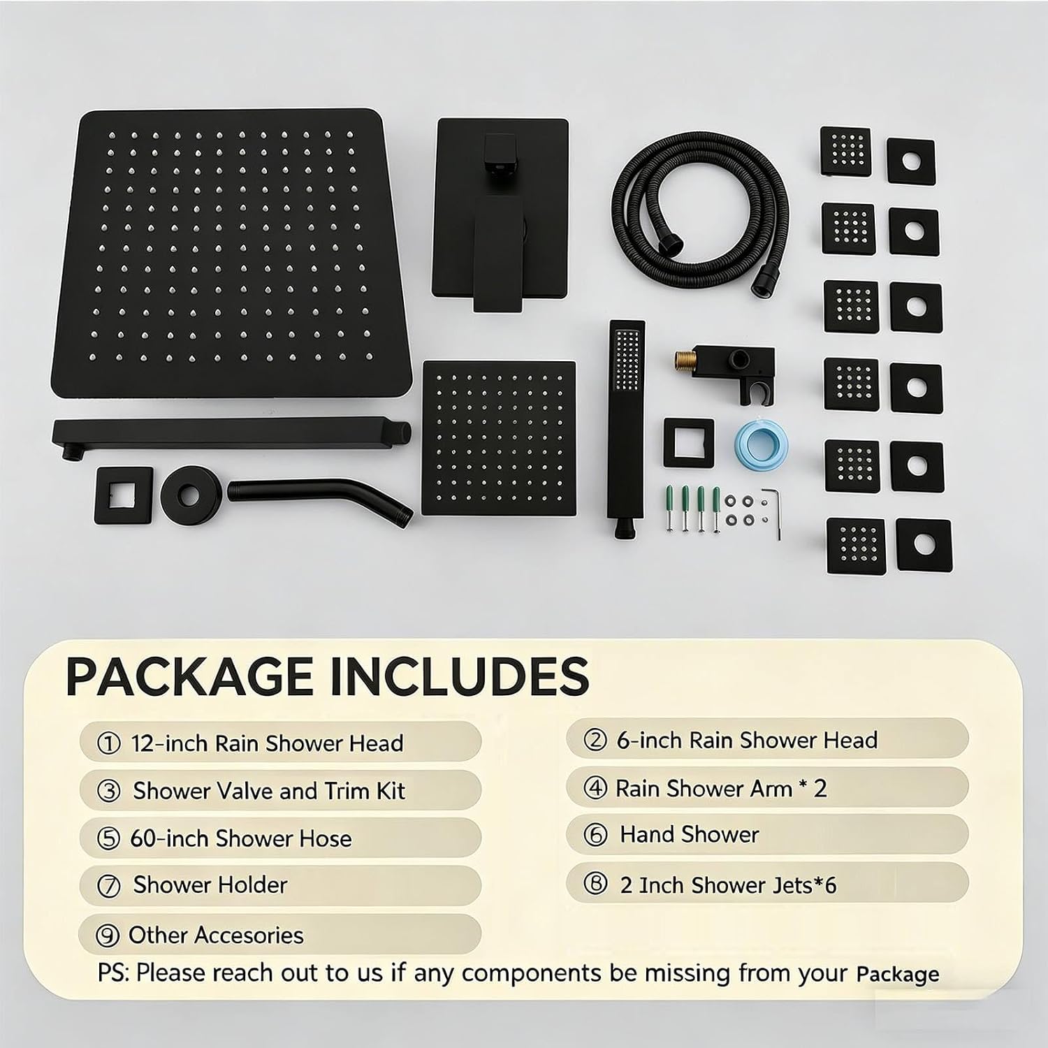 Shower System Matte Black Dual Shower Head with Body Jets, Oupukle Four Modes Shower Faucet Set Wall Mounted 12' & 6' Rain Shower Head with 6PCS Body Jets