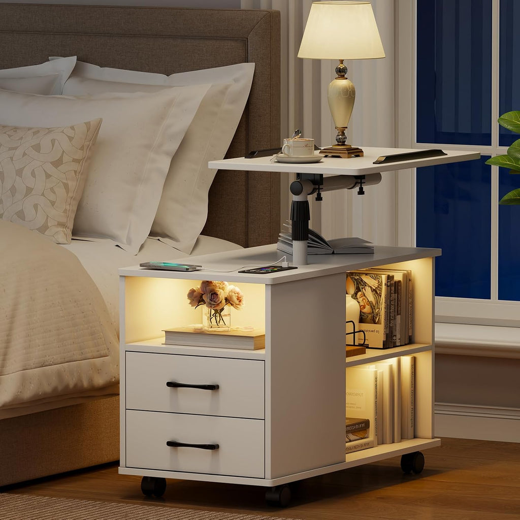WOOVIVS Nightstand Set of 2 with USB Charging Station, Bedside Table with Storage Drawer, Rotatable Bracket, Modern Design (White)
