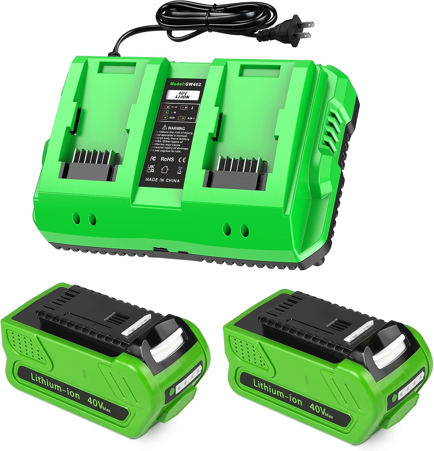 2-Pack 40V 4.0Ah Battery Replacement for Greenworks 40V Battery and Charger Kit (Dual-Port Charger with USB Port)，Compatible with Greenworks 40 Volt G-MAX Cordless Power Tools