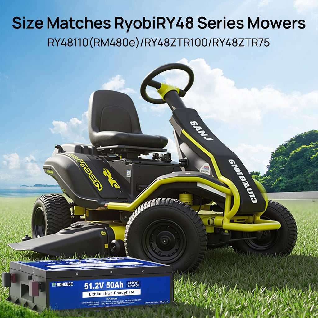 DC HOUSE 48V 50Ah Mini Golf Cart Battery with 18A Battery Charger, Bluetooth Mobile APP &Touch LCD Monitor, Low Temp Cut-Off, 2C-100A BMS, Peak Current 200A for Ryobi Mowers, Golf Carts