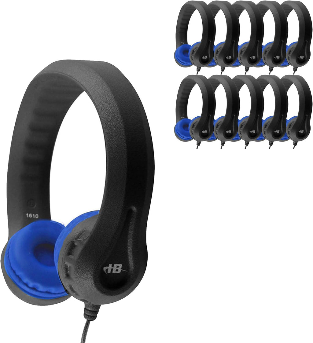 HamiltonBuhl USB-C Flex-Phones Kids Headphones 10-Pack – Black w/ Blue Cushions | EVA Foam, Safe ≤85 dB, Chew-Resistant Cable, Adjustable Fit, Classroom-Ready (KIDS-BBC)