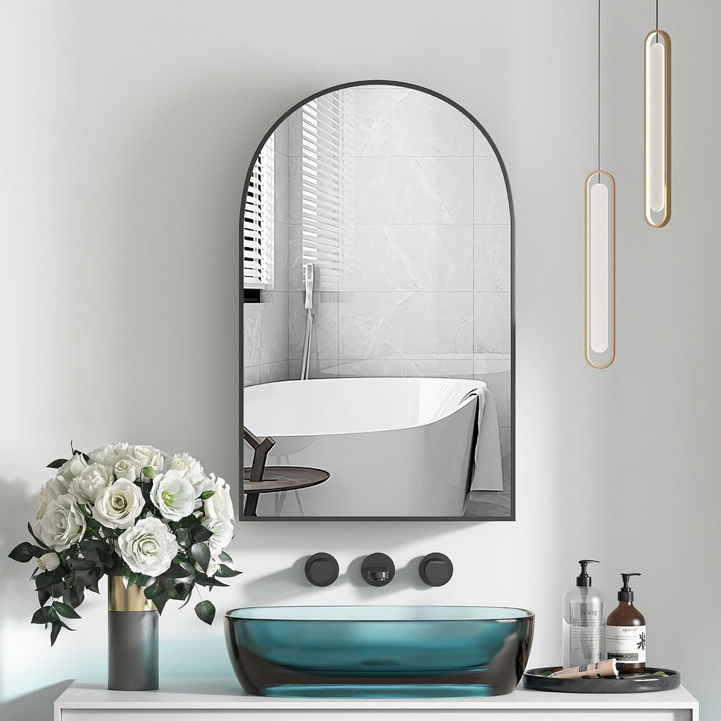 Arched Medicine Cabinet Mirror for Bathroom, Brushed Black Arch Mirror Cabinet with Storage,Adjustable Shelves, Wall Mounted Only, Modern Bathroom Storage,20x32 Inch