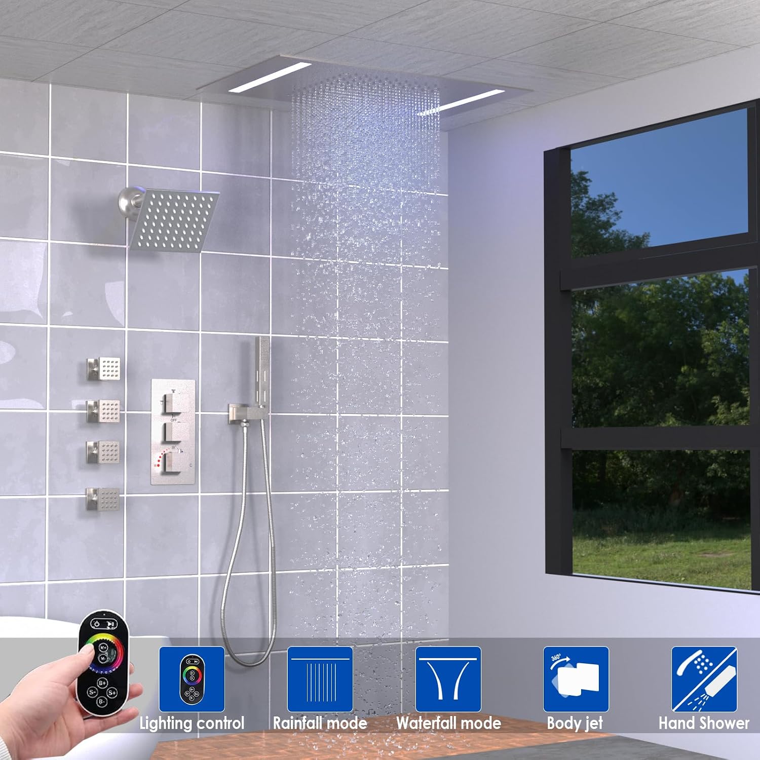 Brushed Nickel Dual heads Thermostatic Shower Faucets Set, 4-Way Shower System 14X20Inch LED Rainfall Shower Head with 6inch Wall Mount Showerhead and Dual-mode Handheld, 4 Jets with Shut-Off