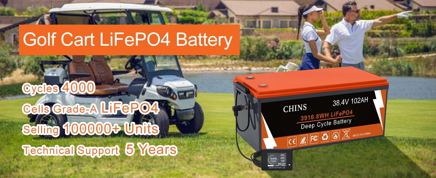 CHINS 36V 102Ah Golf Cart Battery, Built-in Smart 200A BMS, 4000+ Cycles Rechargeable, 36V Lithium Battery Perfect for Golf Cart