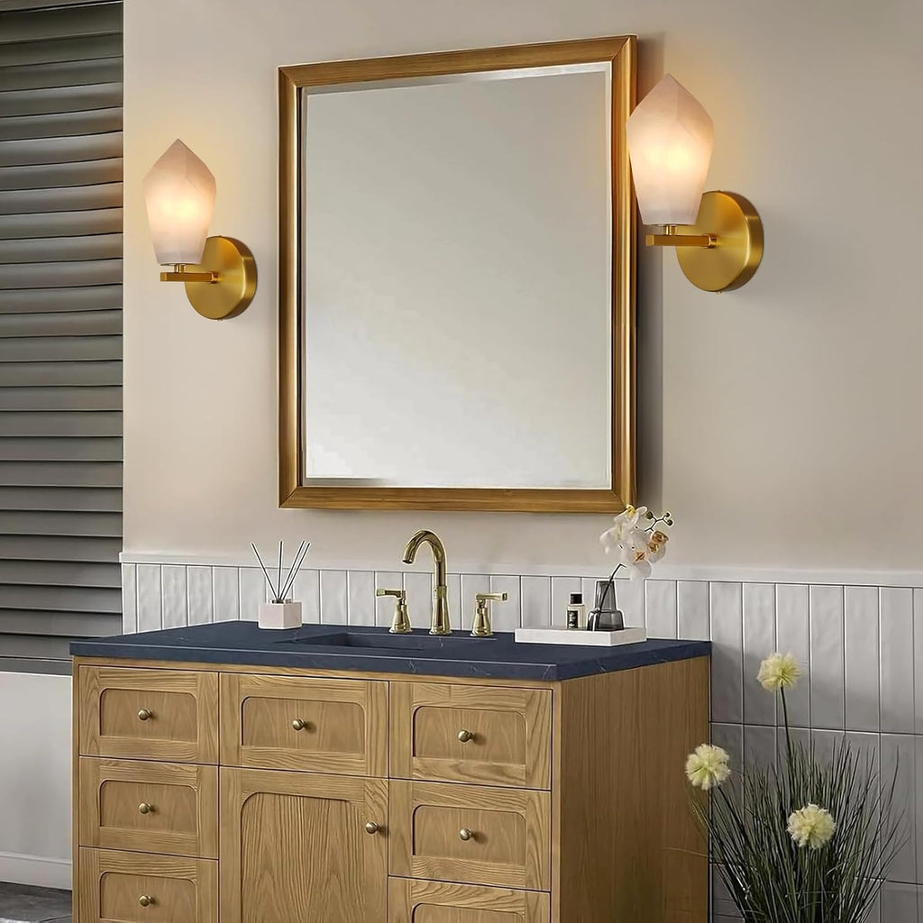 Alabaster Wall Sconces Set of Two, Spanish Marble Wall Lamp, Modern Wall Sconce for Living Room, Hardwired Wall Lighting for Bedroom, Wall Light for Bathroom Hallway Stairs, Gold