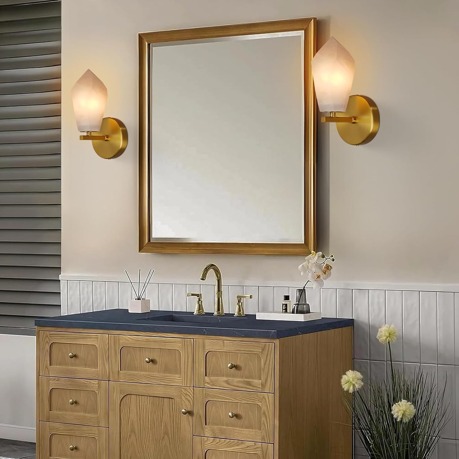 Alabaster Wall Sconces Set of Two, Spanish Marble Wall Lamp, Modern Wall Sconce for Living Room, Hardwired Wall Lighting for Bedroom, Wall Light for Bathroom Hallway Stairs, Gold