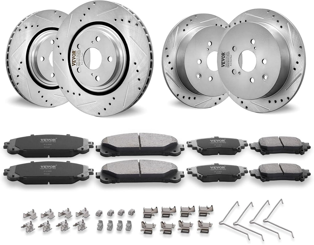 VEVOR Front and Rear Brake Kit Compatible with Toyota Sienna, Highlander, Lexus RX350, RX450h, Drilled and Slotted Brake Rotors Ceramic Brake Pads Replacement, 12.9' Front Rotors 12.2' Rear Rotors