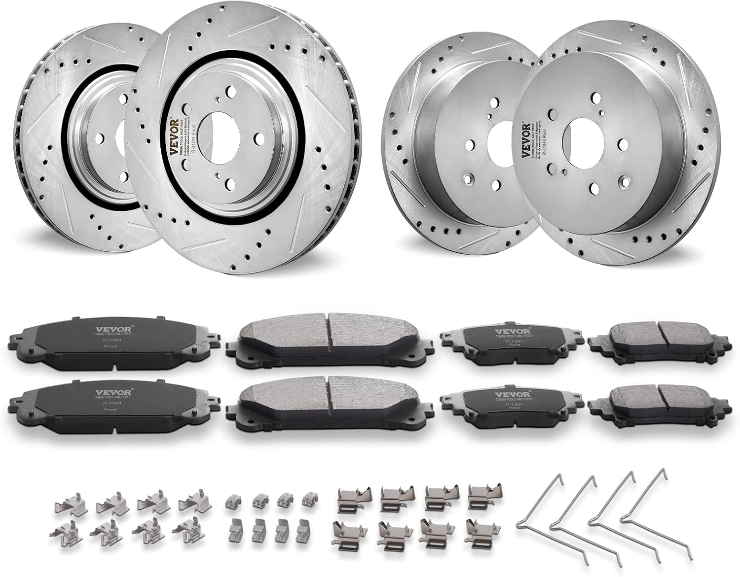 VEVOR Front and Rear Brake Kit Compatible with Toyota Sienna, Highlander, Lexus RX350, RX450h, Drilled and Slotted Brake Rotors Ceramic Brake Pads Replacement, 12.9' Front Rotors 12.2' Rear Rotors