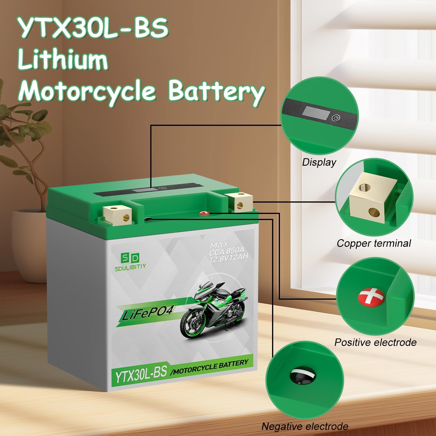 YTX30L-BS Lithium Motorcycle Battery, 12.8V 12AH 850 CCA LiFePO4 Motorcycle Battery, ATV, UTV, Jet Ski, Scooter, Lawn Mower, Tractor, Generator, Built-in Smart BMS