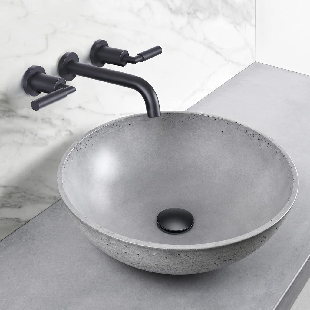 RBROHANT Black Wall Mount Faucet with Pop up Drain Set for Sink Without Overflow, Matte Black Dual Handle Wall Mounted Bathroom Sink Faucet, Brass Rough-in Valve Included, RB0735D