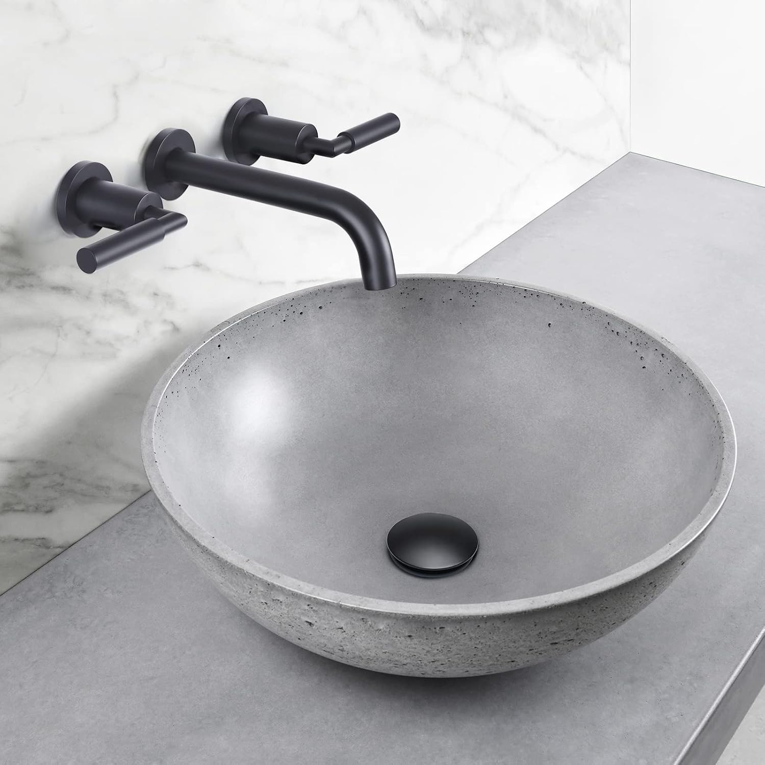 RBROHANT Black Wall Mount Faucet with Pop up Drain Set for Sink Without Overflow, Matte Black Dual Handle Wall Mounted Bathroom Sink Faucet, Brass Rough-in Valve Included, RB0735D
