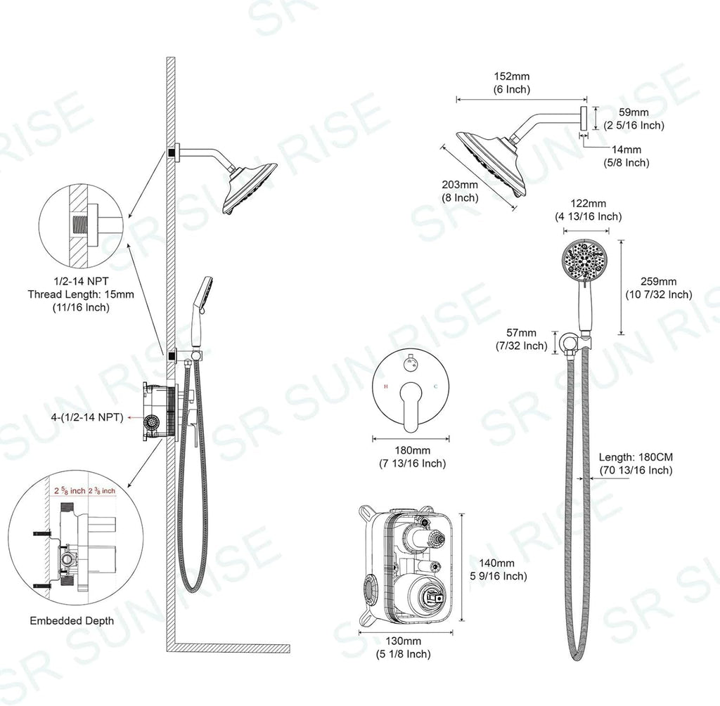 SR SUN RISE Shower Faucet - 8 Inch Multifunctional High Pressure Shower Head System with Handheld Shower Head Fixtures - Valve Included - Matte Black