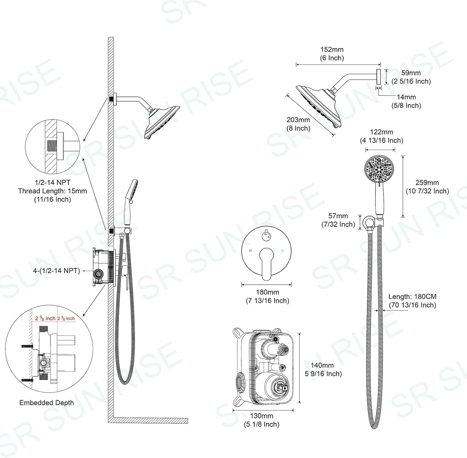 SR SUN RISE Shower Faucet - 8 Inch Multifunctional High Pressure Shower Head System with Handheld Shower Head Fixtures - Valve Included - Matte Black