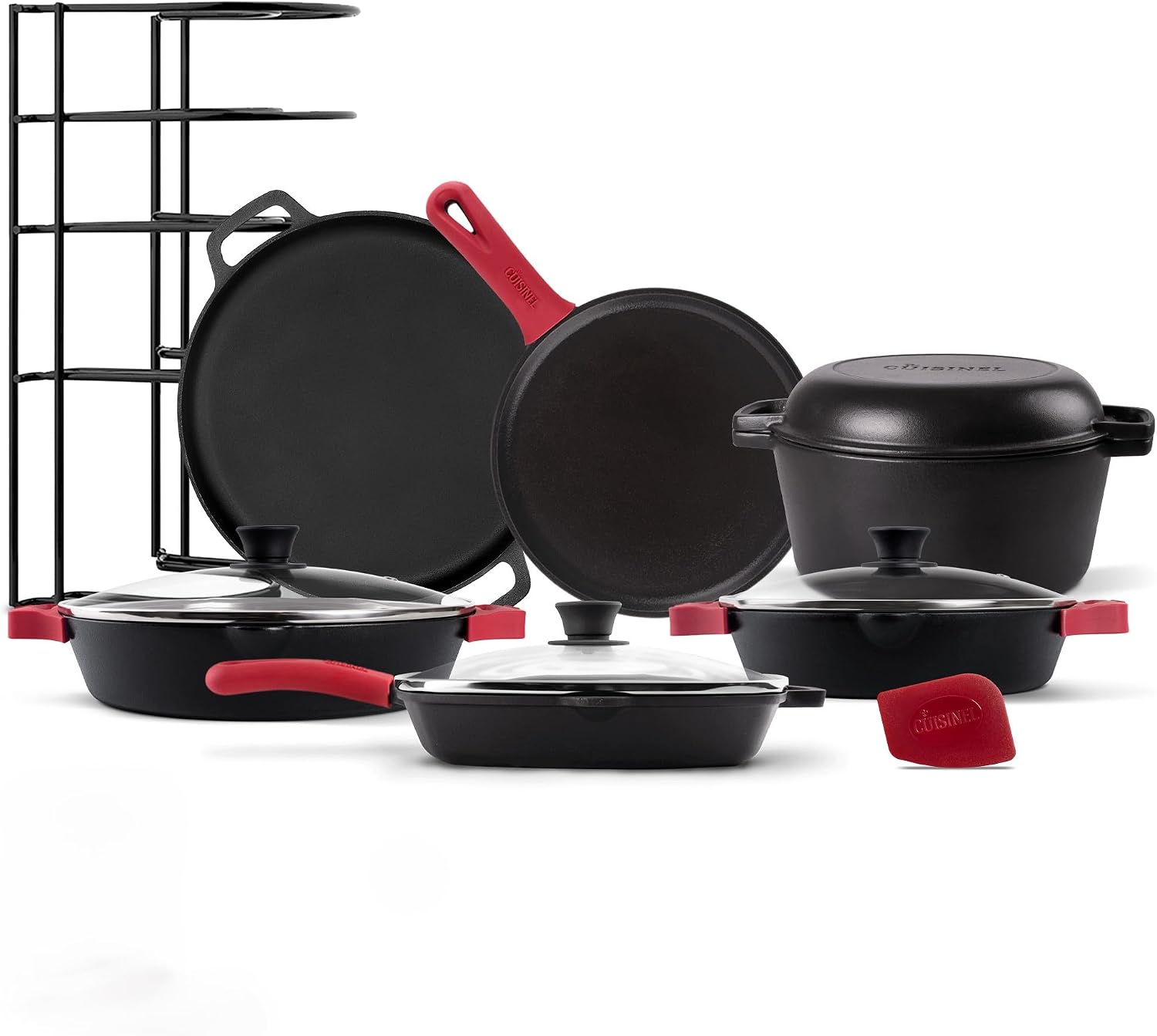 Cuisinel Cast Iron 18-Piece Preseasoned Cookware Set: 10'+12' Skillets w/Lids + 5-Qt Dutch Oven + 10.5' Square Grill Pan w/Lid + Pizza Pan + Round Griddle + 15' Organizer +Scraper + Silicone Handle