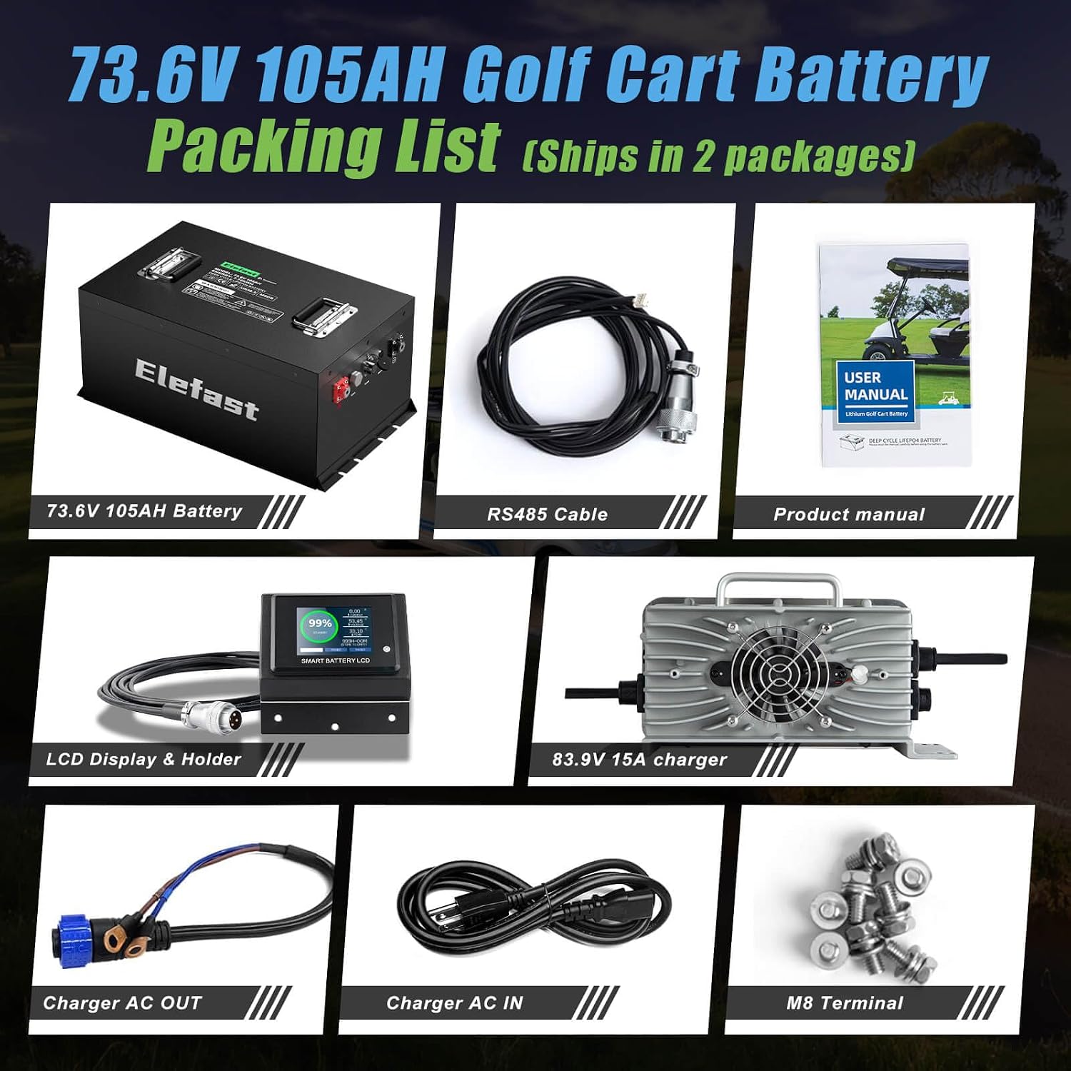 105AH 72V (73.6V) Lithium Golf Cart Battery, 800A Peak, with 83.9V 15A Fast charger and LCD Touch Screen,Built-in 200A BMS and BlueTooth, Max 7.728kWh Energy, 8000+ Deep Cycle, Perfect for Golf Carts