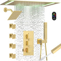 Brushed Gold Dual Heads Shower Faucets Set Thermostatic Shower System, 4-Way Shower Fixture 14X20' LED Rainfall Shower Head with 6inch Wall Mount Showerhead, Dual-mode Handheld, 4 Jets with Shut-Off