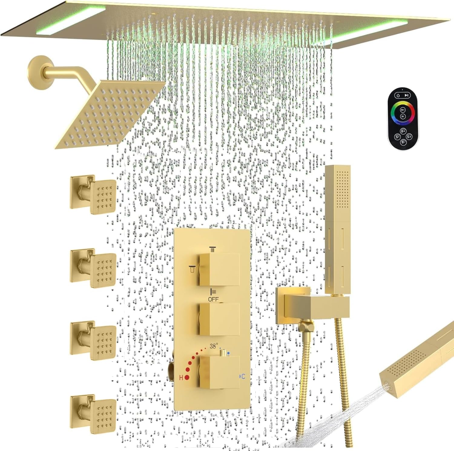 Brushed Gold Dual Heads Shower Faucets Set Thermostatic Shower System, 4-Way Shower Fixture 14X20' LED Rainfall Shower Head with 6inch Wall Mount Showerhead, Dual-mode Handheld, 4 Jets with Shut-Off