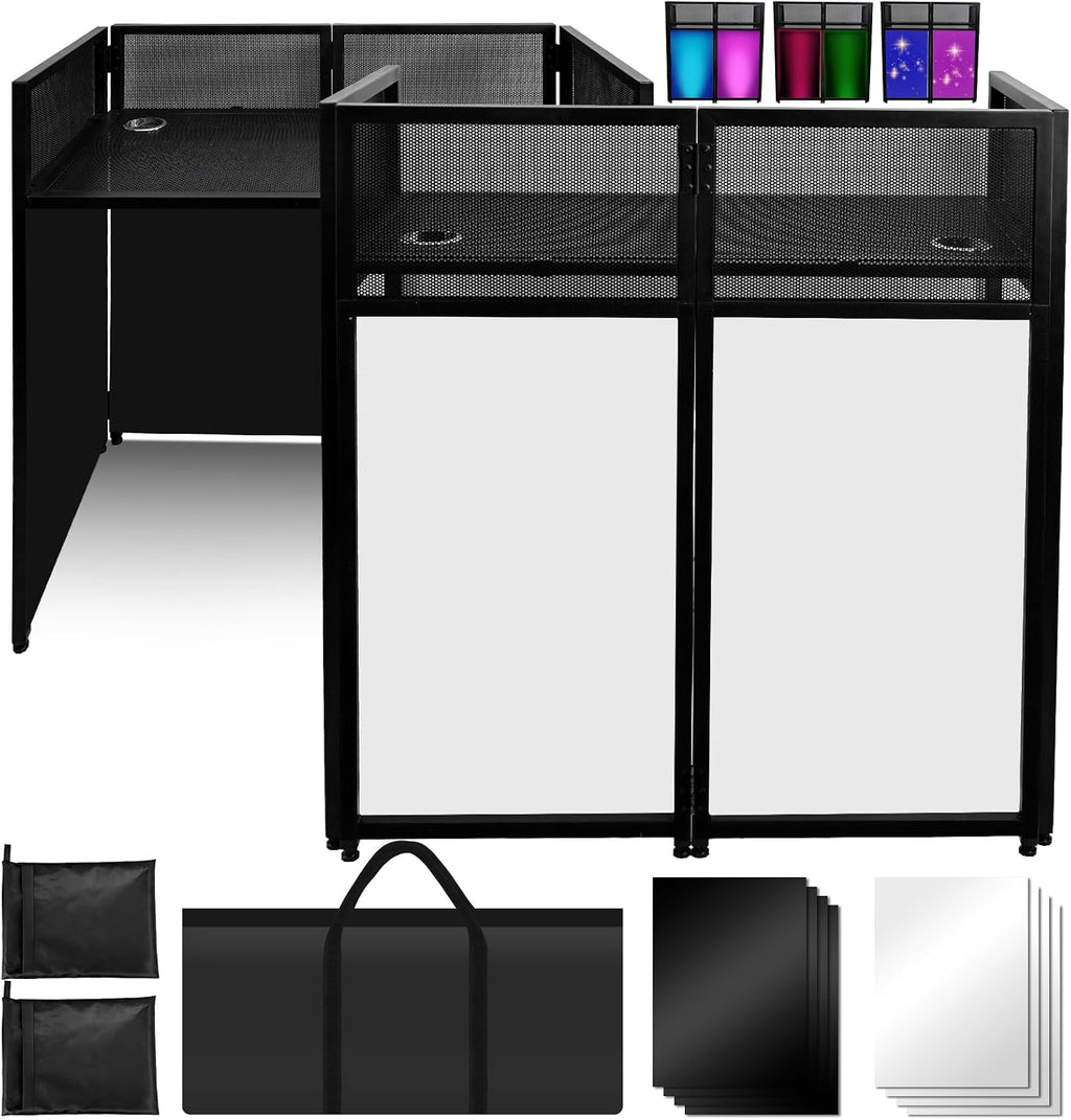Portable DJ Booth 40' x 20', DJ Facade Table with Black/White Light Scrims, Foldable DJ Stand for Laptop and Controller,with Carry Bag, Cable Hole, Perfect for Bars, Clubs, Party, Private Events