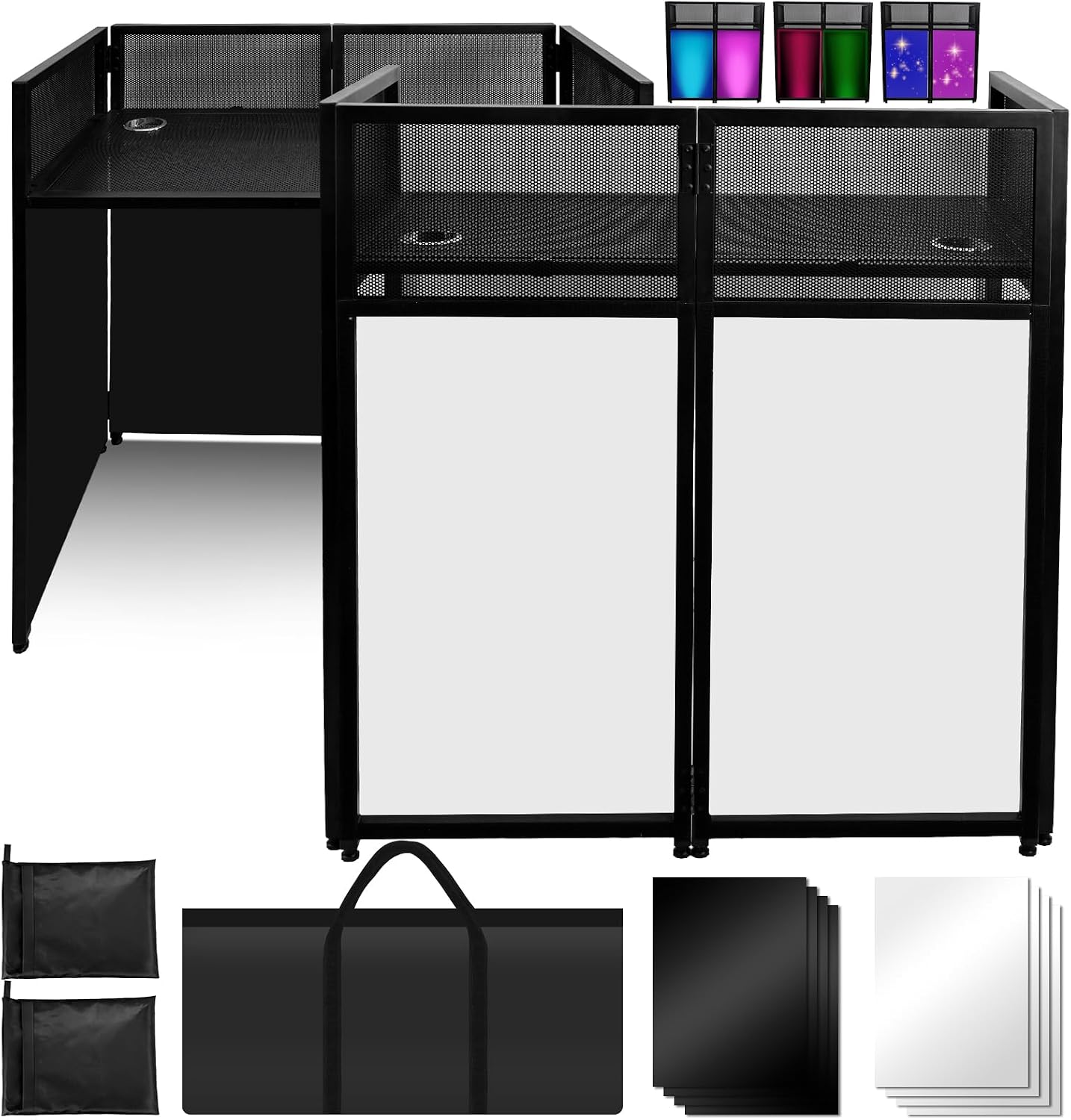 Portable DJ Booth 40' x 20', DJ Facade Table with Black/White Light Scrims, Foldable DJ Stand for Laptop and Controller,with Carry Bag, Cable Hole, Perfect for Bars, Clubs, Party, Private Events