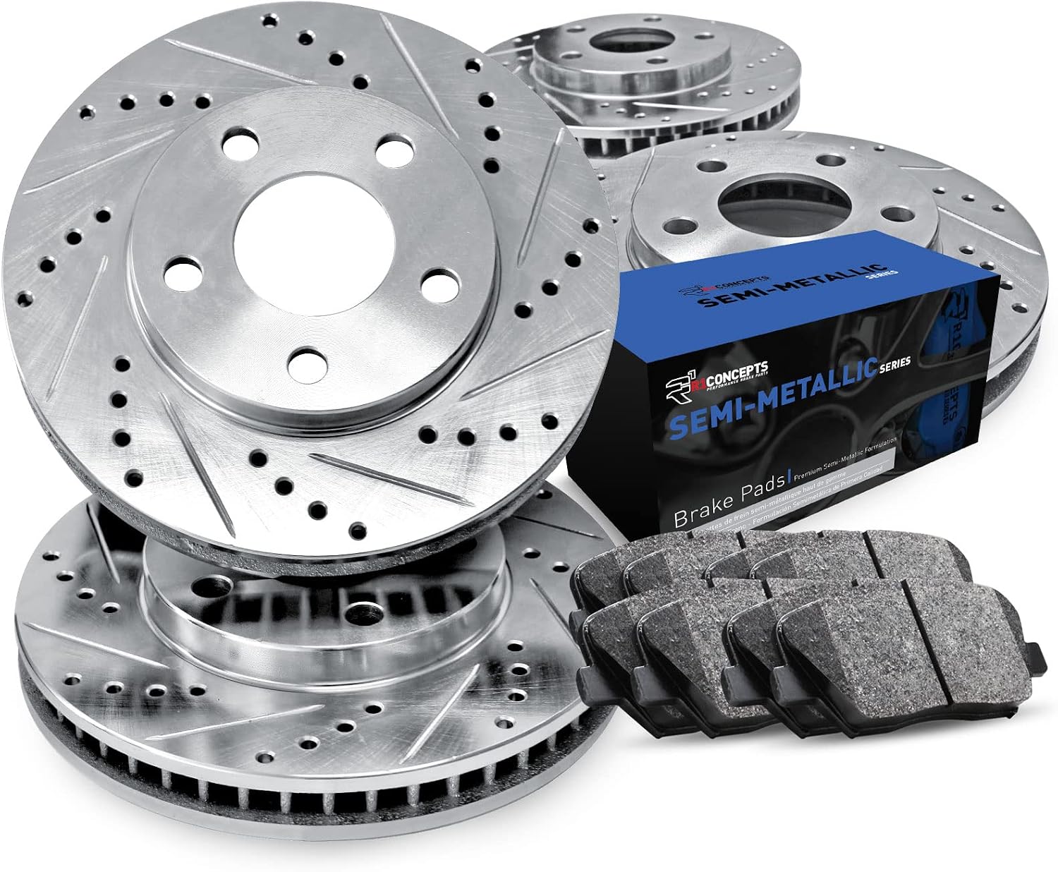 R1 Concepts Front and Rear Brake Kit Fits 1995 Ford Crown, Lincoln Town Car, Mercury Grand Marquis| Semi Met Brake Pads and Drilled Slotted Brake Rotors| 11.5' Front & 11.4' Rear