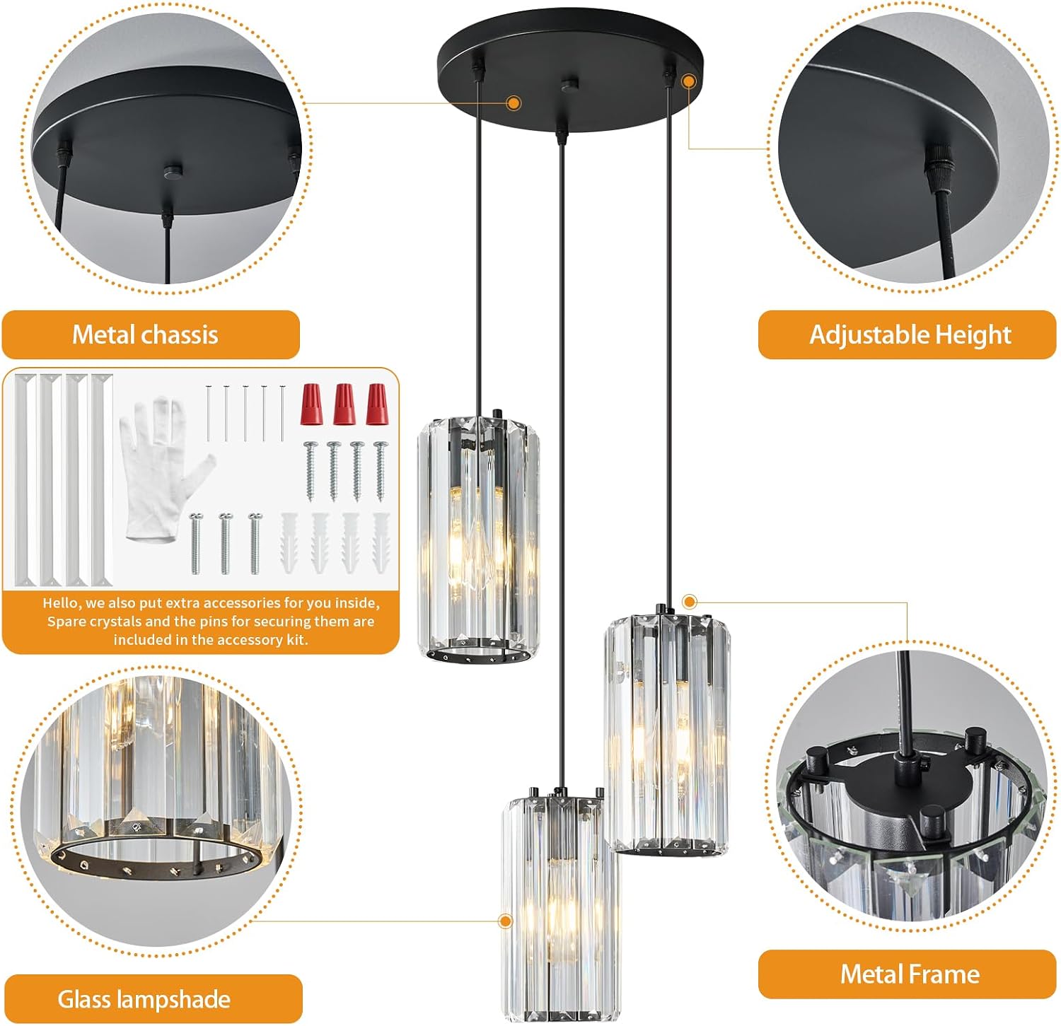 Black Pendant Lighting Modern Pendant Light, Mini Crystal Chandeliers,Adjustable Pendant Light Fixture for Kitchen Island Dinning Room Corridor Bedroom(Gold 3-Light)