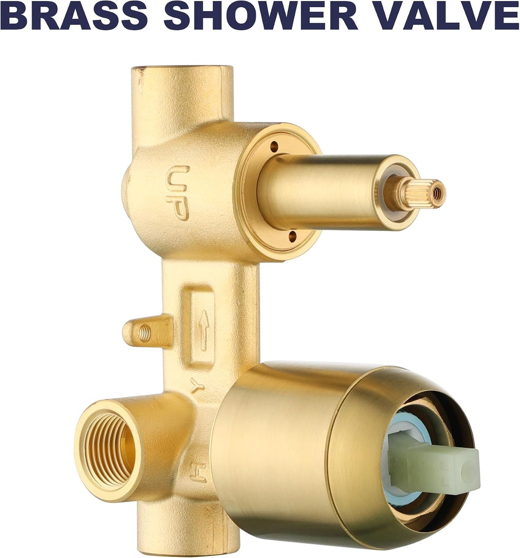 Shower System, Gold Shower Faucet Set, 8' Rainfall Shower Head and Handheld Spray Combo, Round Shower Head and Handle Set with Valve and Trim Kit, Brushed Gold