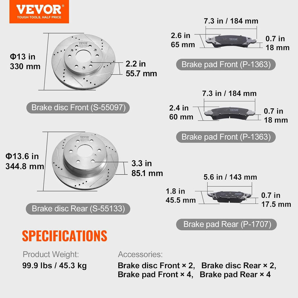 VEVOR Front Rear Brake Kit for 2014-2018 Chevy Silverado GMC Sierra 1500, 2015-2020 Suburban Tahoe Yukon XL Escalade ESV, Drilled & Slotted Brake Rotors Ceramic Brake Pads Replacement Kit