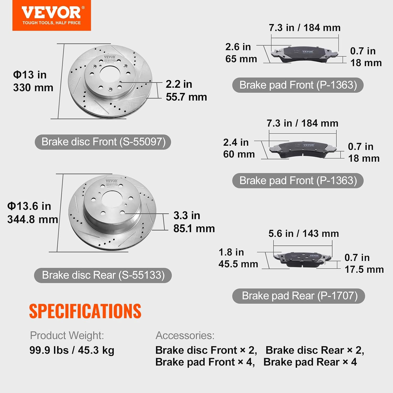 VEVOR Front Rear Brake Kit for 2014-2018 Chevy Silverado GMC Sierra 1500, 2015-2020 Suburban Tahoe Yukon XL Escalade ESV, Drilled & Slotted Brake Rotors Ceramic Brake Pads Replacement Kit